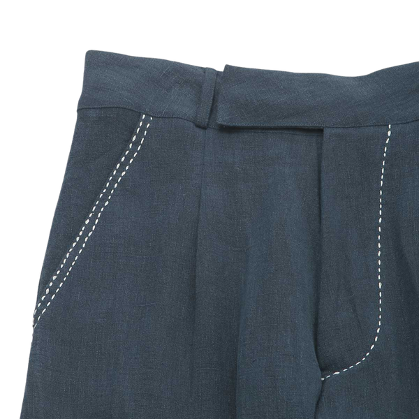 Navy Onu Hand Embroidered Linen Trousers