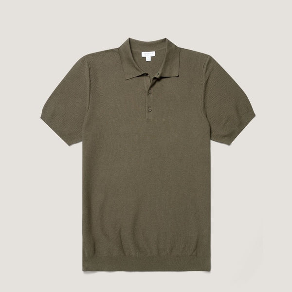 Khaki Cotton Knit Textured Polo Shirt