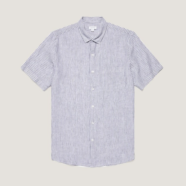 White Navy Linen Stripe S/S Shirt