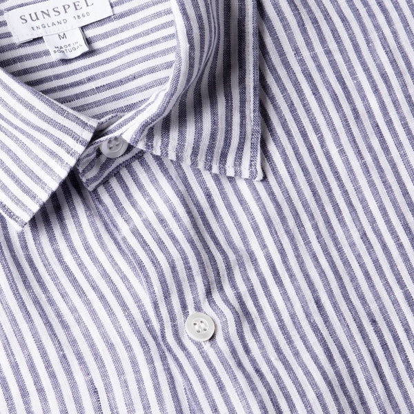 White Navy Linen Stripe S/S Shirt
