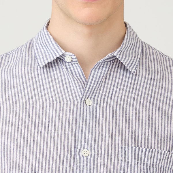 White Navy Linen Stripe S/S Shirt