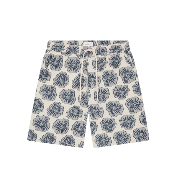 Dark Denim Blue Dahlia Cotton Linen Jacquard Shorts