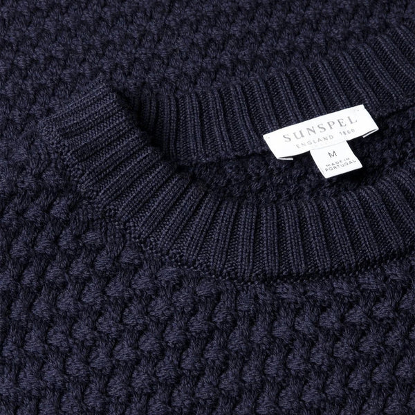 Navy Merino Wool Basketweave Crewneck Sweater