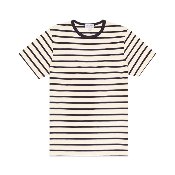 Ecru/Navy Breton Stripe Classic Cotton Crewneck T-shirt