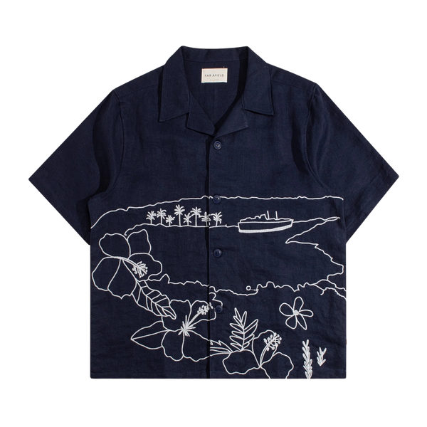 Navy Embroidered Landscape Linen S/S Shirt