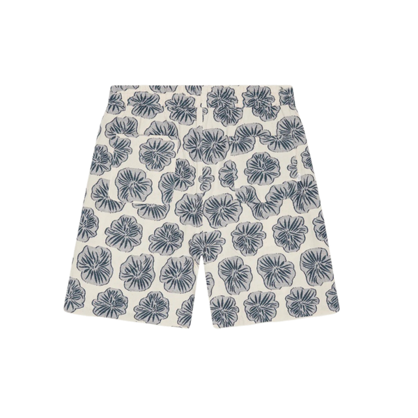 Dark Denim Blue Dahlia Cotton Linen Jacquard Shorts