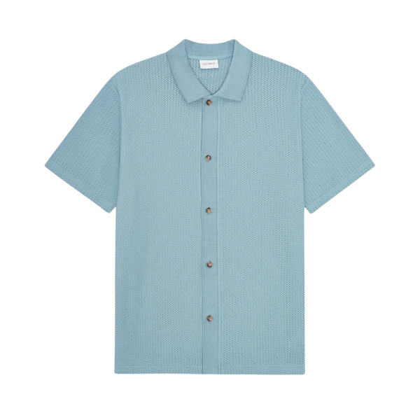 Faded Denim Blue Pointelle Cotton Knit S/S Shirt