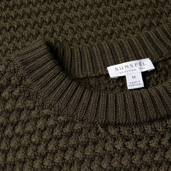 Loden Green Merino Wool Basketweave Crewneck Sweater