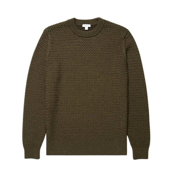 Loden Green Merino Wool Basketweave Crewneck Sweater
