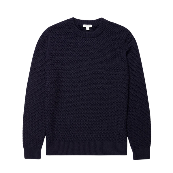 Navy Merino Wool Basketweave Crewneck Sweater