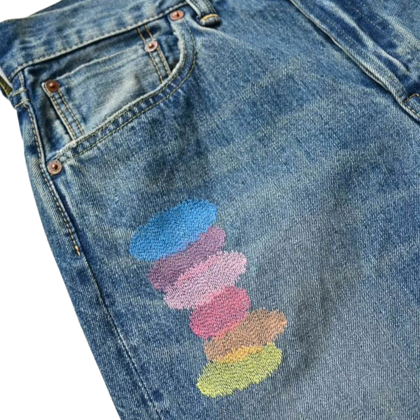 LIMITED EDITION Indigo Distressed Happy Patchwork Denim Jeans