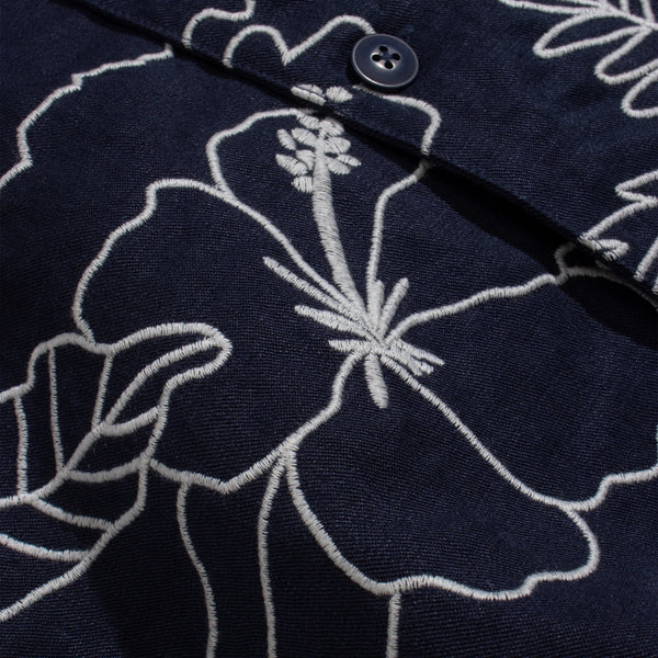 Navy Embroidered Landscape Linen S/S Shirt