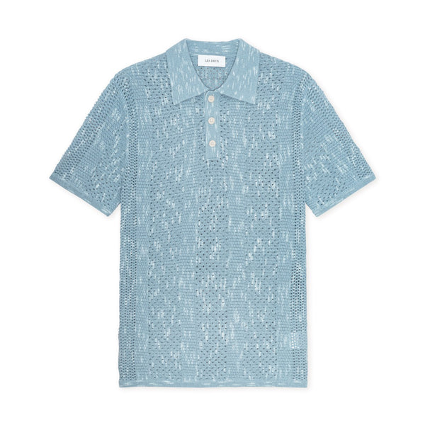 Faded Denim Blue Striped Cotton Lace Knitted S/S Polo
