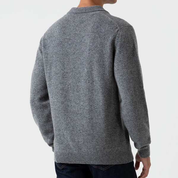 Mid Grey Melange Lambswool Polo Sweater
