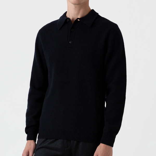Dark Navy Mouline Lambswool Polo Sweater