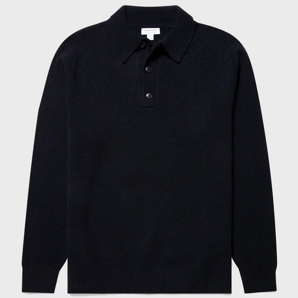 Dark Navy Mouline Lambswool Polo Sweater